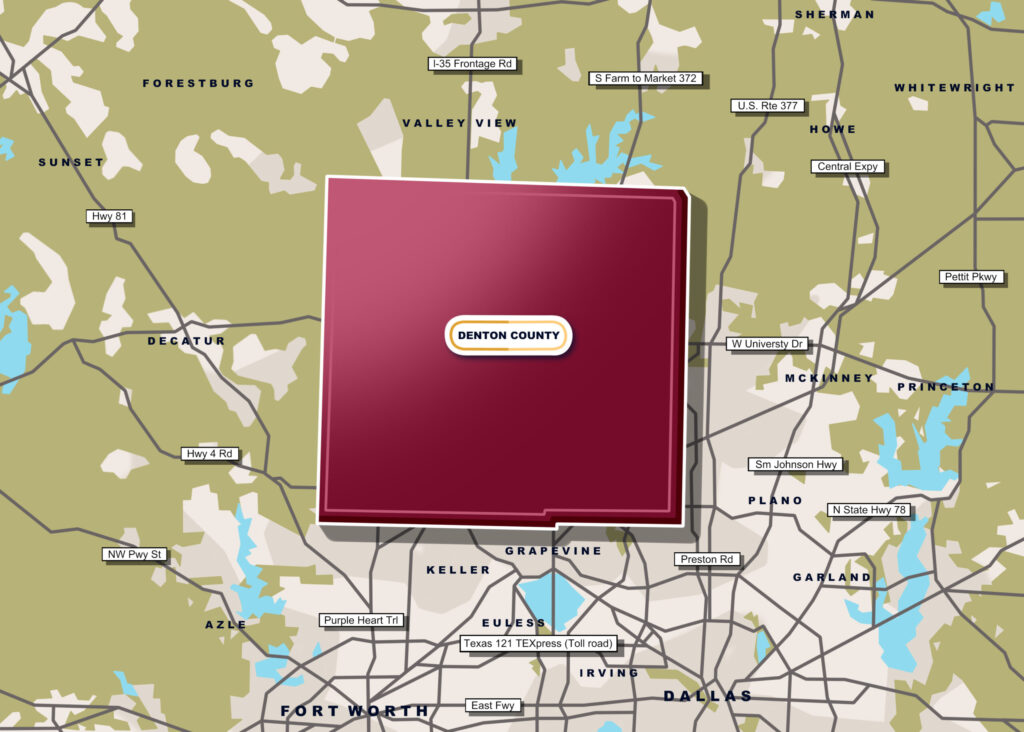 a drawn out map of Denton County, TX